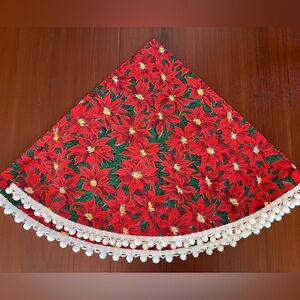 Vintage 52” Round Red Poinsettia Tablecloth with White Pompon Trim